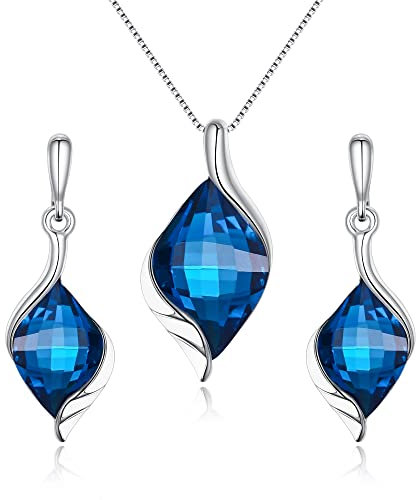 Clearine Juegos de Joyas de Mujer Lágrima Cristal Austriaco Collar Pendientes Conjunto Elegante Hoja de Esmalte Prismático Strass Joyería Conjunto,Color Azul-Oscuro Plata-Tono