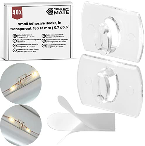 Kleine Klebehaken, 40 Pack, Transparent, 18 x 13 mm, Haken für Lichterkette, Dekoration, Kabel, Aufhänger Licht, selbstklebende Kabel Clips, Minihaken, Befestigungsclips klar, Wandhaken durchsichtig