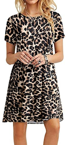 MOLERANI Sommerkleider für Damen Lässiges T-Shirt Kleid Kurzarm Damen Strandkleid (2XL, Gepunktetes Muster Leopard)
