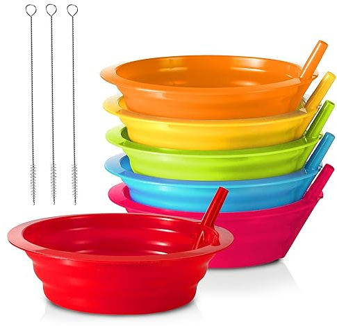 PLASKIDY Kids Cereal Bowls with Straws - Set of 6 Plastic Bowl with Straw for Kids BPA Free Dishwasher and Microwave Safe - 22 Oz Toddlers Bowls with Built-in Straws Includes 3 Cleaning Brushes