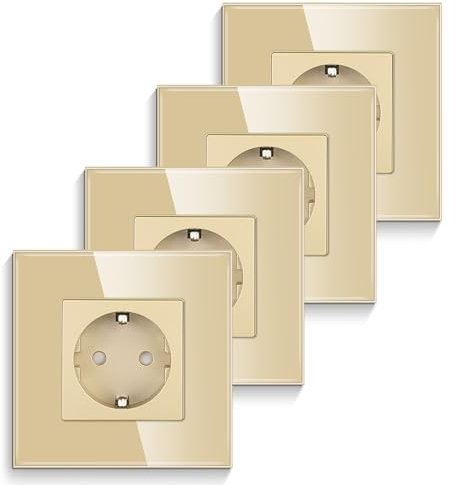 CNBINGO Lot de 4 prises simples encastrées en verre, doré – Prise Schuko simple avec sécurité enfant – Contact de protection 16 A – Prise murale avec cadre en verre