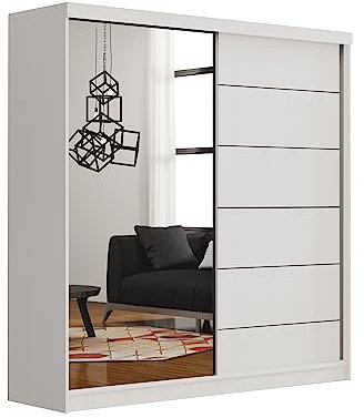 mb-moebel Armoire spacieuse avec 2 Portes coulissants, Grand Miroir décoratif sur la façade de l'armoire, Armoire - IVERN 150 (Blanc)