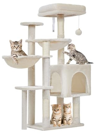 Taoqimiao Gothic Cat Tree, 39.4-Inch Cat Tower for Indoor Cats,Suitable for Kittens,Plush Cat Condo with 5 Scratching Posts, Plush Perch,2 Hammock,Pompoms, MS019M Beige