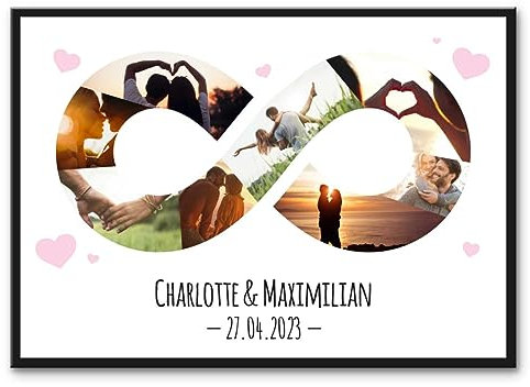 GRAVURZEILE Holzschild mit Foto Collage - Unendlichkeitszeichen personalisiert mit bis zu 8 Bilder und Namen - Geschenke für Frauen und Männer - Holzbild zum selbst gestalten für Sie & Ihn - Motiv 1
