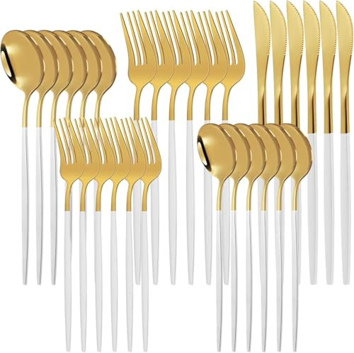 Gold Tableware Set, 30 Piece Stainless Steel Cutlery Set, White Handle Knife Fork Spoon Set, 6 Person Dinner Set, for Party Dating, Western Cuisine, Christmas, Wedding