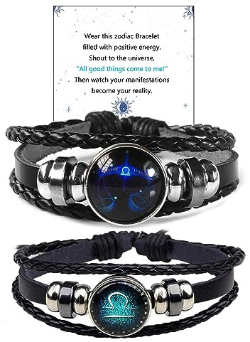 Zodiac Signs Spirit Bracelet for Boy,2PCS Retro Punk Glow in the Dark Zodiac Jewelry Gifts for Women Men,Handmade Adjustable 12 Constellation PU Braided Leather Bracelet for Unisex Valentine's Day, 5,