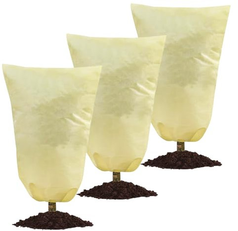 BIQIQI Winterschutz für Pflanzen, 3 Stück Winterschutz für Kübelpflanzen mit Zugband 120 x 80 cm, Pflanzenschutz Winter für Olivenbaum Palmen, Reißfest Wiederverwendbar Frostschutz Pflanzen, Beige