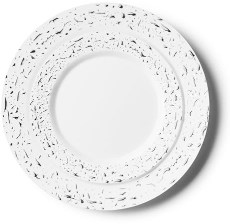 Decor Decorline - Set di stoviglie in plastica riutilizzabile di alta qualità, 32 pezzi, Pebbled Combo – Bianco/Argento – Stabile, set di piatti riutilizzabili – 2 misure (16 x 26 cm, 16 x 19 cm)