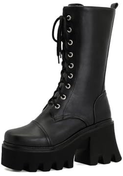 LeaHy Women Platforms Wedge High Heel Boots Fashion PU Leather Side Zip Lace Up Mid Calf Boots,Black,2 UK