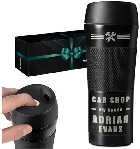 Maverton Customised Travel Mug for man, Coffee and Tea Cup for boy, Tool | Black Tumbler with Non-Slip Headband, with Personalisation, Insulated Cup for Birthday, Gadget for Christmas for him