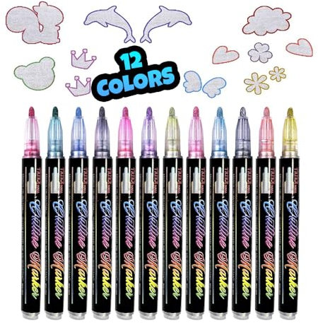 TRIKA MALL 12-Color Glitter and Metallic Double Line Outline Pens - Perfect for Painting, Scrapbooking, DIY Crafts, Glass, Wood, and Greeting Cards - Gift for Kids and Adults