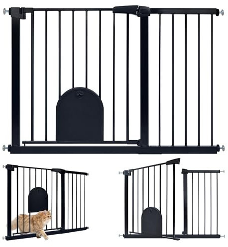 UISEBRT Treppenschutzgitter Türschutzgitter Ohne Bohren Treppengitter mit Katzentür Haustiertür, für Breiten 105-115 cm, Selbstschließend, Einhändiges Öffnen Metall Gitter, Schwarz