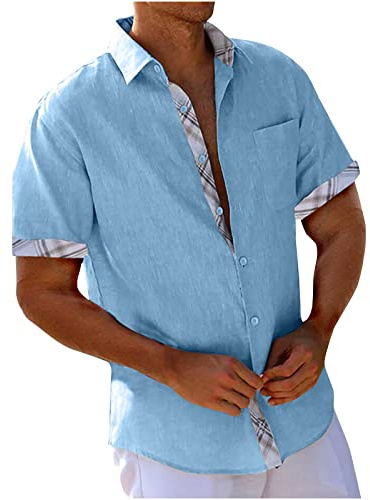 Men's Cotton Linen Short Sleeve Shirts UK Sale Clearance Floral/Plaid Printed Patchwork Button Down Hawaiian Shirts Summer Vacation Beach Shirts Lightweight Regular Fit Casual Tops