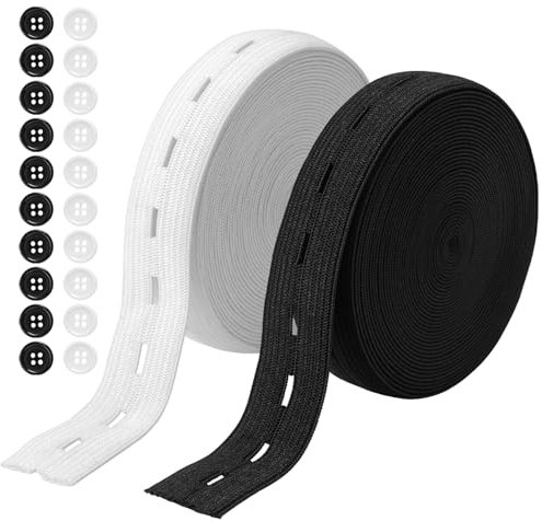 2 Rollo Cinta de Goma Elastica Costura con Ojales, 20mm Cinta Elástica Plana con 20 Botones de Resina, Cinta Elastica Costura Banda Elástica, para DIY Costura, Manualidades, Ropa (Blanco + Negro)