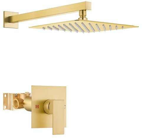 Airuida Ensemble de robinet de douche avec valve brute à filetage femelle, pommeau de douche à effet pluie et poignée, kit de garniture de valve à fonction unique, 25,4 cm or brossé