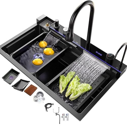 Fregadero de cocina de acero inoxidable, grifo multifunción con cascada, fregadero grande de un solo cuenco, accesorios completos (80 x 46 x 22 cm)