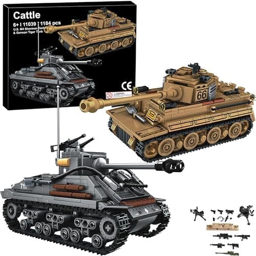 WW2 Armee Tank Spielzeug Bausteine Kit, Deutscher Tiger und amerikanischer M4 Sherman Tank Modelle 1184 Blöcke, Militär Spielzeug, Geschenk für Jungen Kinder und Jugendliche Alter 6-14