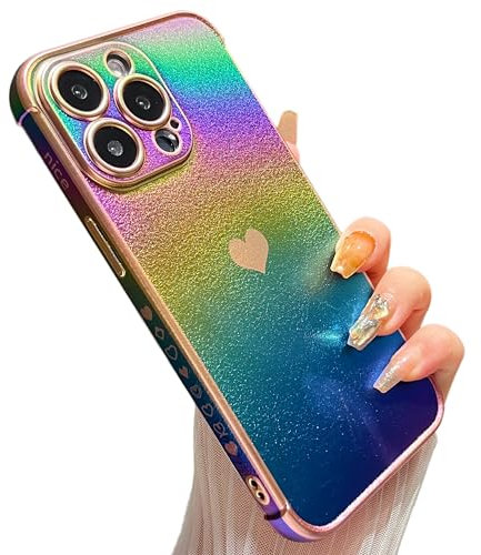 ZTOFERA Compatible with iPhone 13 Pro Max (6.7) Case for Girls Women, Luxury Fluorescent Iridescent Matte Silicone Case with Cute Love Heart Pattern Plated Rim Shockproof Cover, Colorful