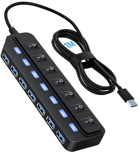 Likorlove USB 3.0 Hub mit 7 Ports, 60 cm Kabel und Einzelschaltern – Ultra-dünner USB Hub, kompatibel mit PC, MacBook Pro/Air, iMac, Surface Pro, PS4, PS5 und Laptops