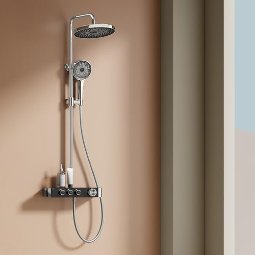 EMKE Duschsystem mit Thermostat Chrom, Duscharmatur Komplettset, Regendusche mit Armatur inkl. großer 36x24 cm Regendusche 3 Strahlarten Handbrause, Brausestange und Schlauch
