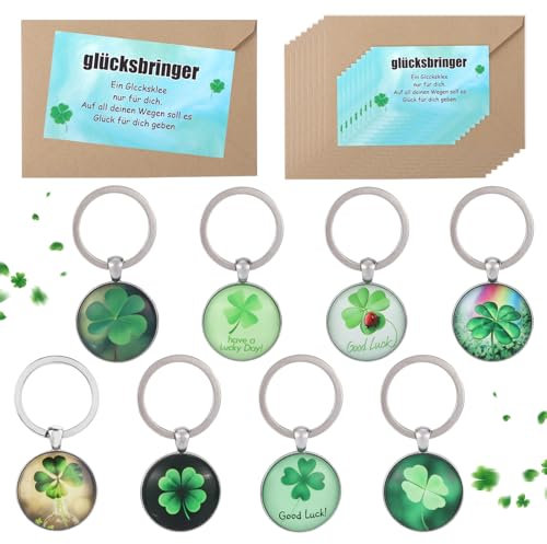 8 Sets Schlüsselanhänger Glücksbringer Vierblättriges Kleeblatt Mutmacher Geschenk mit GrußKartenumschlag Dankeschön Geschenke Glücksbringer Silvester Neujahrsglücksbringer St Patricks Day (Silber)