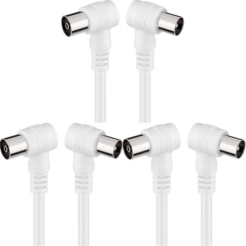 Cable de TV de 1,5 metros full hd, cable coaxial antena, en ángulo 90 grados, para TV y radio, enchufes macho a hembra, cable blanco recto (Paquete de 3)