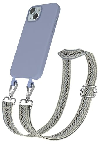 EAZY CASE - Hülle mit Band kompatibel mit iPhone 15 Handyhülle für iPhone 15 Schutzhülle Silikonhülle mit Mikrofaser Handykette zum Umhängen 2in1 Hülle Handykordel Wellen - Beige Blau Metall Silber