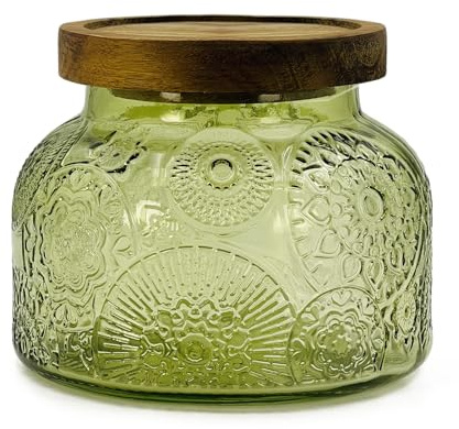 Tarro decorativo de vidrio verde con tapa de madera hermética de 25,4 oz, recipiente de almacenamiento de alimentos de cocina vintage de boca ancha para galletas, dulces, miel, harina, especias, café
