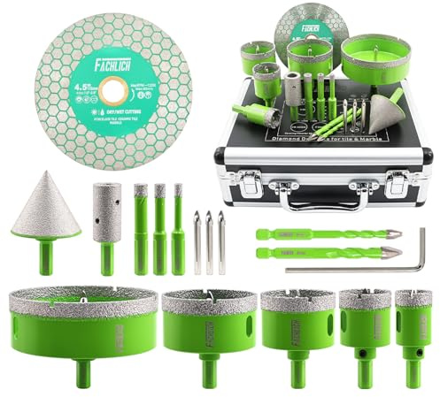 FACHLICH Tile Hole Cutter Set - 16PCS Diamond Hole Saw Kit 6/8/10/25/35/50/65/100+20mm Finger Bit+50mm Beveling Chamfer Bit+Masonry Drill Bits+Tile Blade, Triangle Shank Hole Cutter