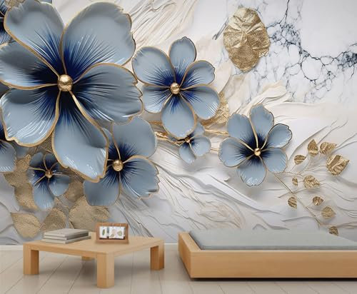 YEMYOR Flower Mural Embossed Flower Wallpaper Mural Large Blue Flowers Wall Murals Nordic Marble Kitchen Wallpaper for Living Room Bedroom-450x300cm