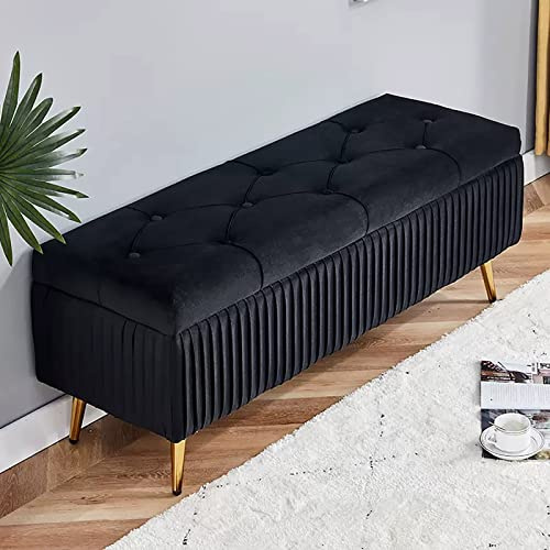 Moderne Sitzbank mit Stauraum, Samt, gepolsterte Fußstütze mit goldfarbenen Metallbeinen, knöpfbarem Design und verstecktem Stauraum, stilvolle Eingangs- oder Schlafzimmerbank (Schwarz, Größe)