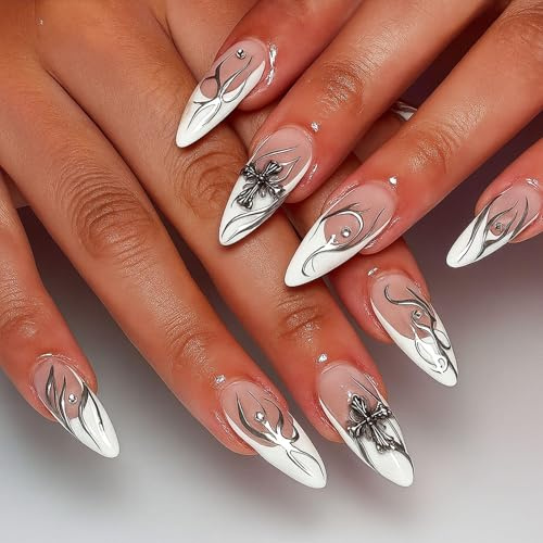 French Tip Stiletto Press-On Nails, Long Nude Pink And White, 12 Sizes | Pointed False Nail Set, Curved Black And Silver-Tone Linework, Raised Floral And Crystal-Like Details, For Home Or Events