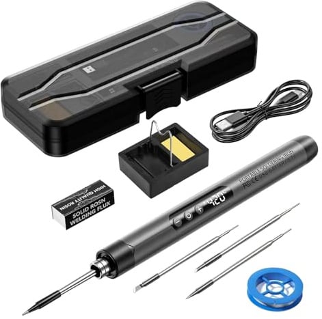 NEOVSUNY Set di saldatori a batteria, ricaricabile tramite USB, con LCD, senza fili, temperatura regolabile da 260 a 420 °C, 3 punte per saldatura, filo per saldatura, set regalo per fai da te
