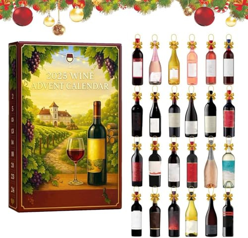 Wein Adventskalender 2025, 24 Tage Weihnachts-Adventskalenderboxen, 2D Acryl Weihnachtsbaum Ornament, Eine tägliche Verkostungsreise durch die vielfältigen Aromen der Weine