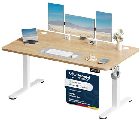 Devoko Bureau Assis Debout Électrique 140 x 60 cm, Standing Desk Beige | Table de Bureau Ergonomique avec 2 Mémoires pour Télétravail, fonction anti - collision rebond, Bruit <50dB, Charge 70 KG