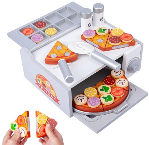 Pizza Spielzeug aus Holz,Pädagogische Hand-Auge-Koordination Rollenspiel Aktivität - Spiel Essen für Kinderküche Pretend Play,Für Kinder Mädchen ab 3 Jahre Geburtstag
