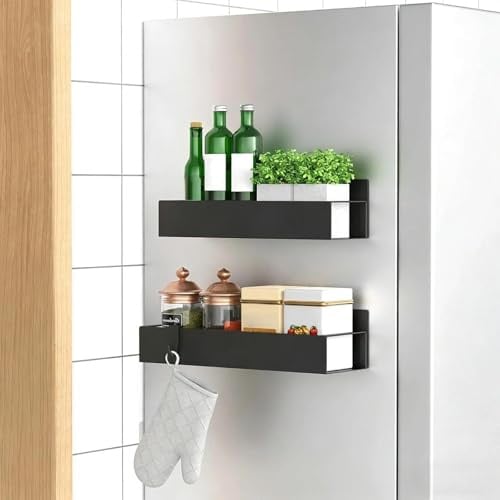 LWLWA Mensole Magnetiche Frigo, Porta Spezie per Cucina Nero, 2 Pezzi | Portaspezie da Parete con 4 Ganci, 1 Misura Grande e 1 Piccola, Portaspezie, per Cucina, Bagno e Camera da Letto