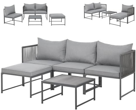 SVITA Detroit Gartenmöbel Set Polyrattan Lounge Modular Ecksofa Chaiselongue Tisch Flexibel als 3 Sitzer oder Sessel 2 Sitzer Inklusive Kissen Grau