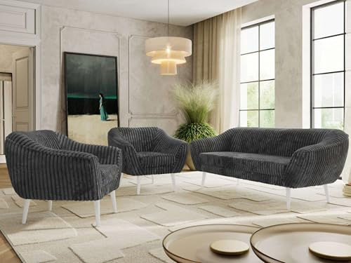 MKS MEBLE Sofagarnitur PIRS 3 + 1 + 1 - Couchgarnitur im skandinavischen Design, Gesteppte Polsterung, Wellenfederung, Wohnzimmer Sofa Set - Weiße Beine, Dunkelgrau Cord