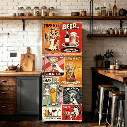 TNKBREEZE 2 Pcs Vintage Beer Removable Refrigerator Wraps Classical Self-Adhesive Vinyl Fridge Stickers Mural Decals for Living Room Kitchen Bar Home Door Decor 16.3 x 78.7 in