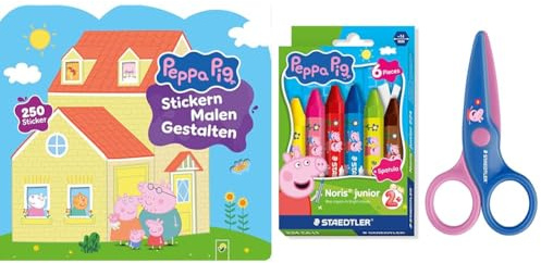 Peppa Pig Buch + Stifte + Schere | Peppa Wutz Set mit Taschenbuch Stickern Malen Gestalten, STAEDTLER Noris junior 6er Wachsmalkreiden Etui und Kinderschere für Kinder ab 3 Jahren