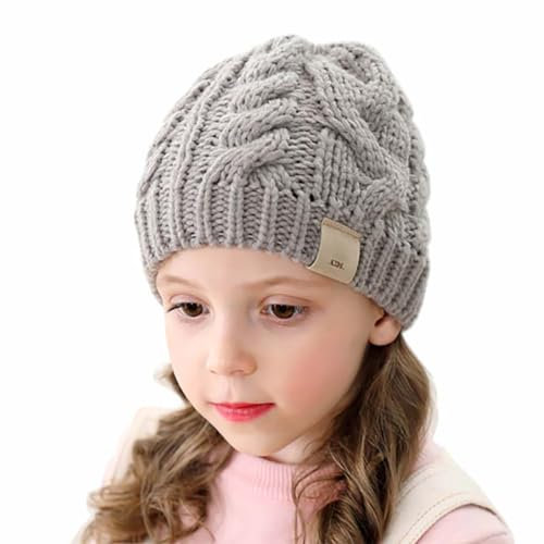 Markcur Beanie Mütze Kinder Mädchen Pferdeschwanz Mütze Strickmütze Wintermütze mit Zöpfen Loch Einfarbig Gestrickt Wolle Kopfbedeckungen Hüte Grau
