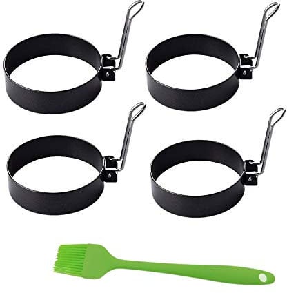 JZK 4 x Moldes anillo huevo de metal antiadherente con mango + cepillo de silicona, moldes redondos de huevo frito para sartén para panqueques muffins de huevo escalfado