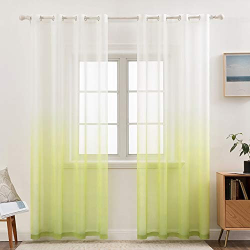 MIULEE Gardinen Transparent Vorhänge Farbverlauf Voile Sheer 2er Set Vorhang mit Ösen Dekoschal Fensterschal für Schlafzimmer und Wohnzimmer 175 cm x 140 cm(H x B) Weiß Grün