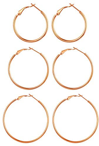 Flongo Damen Groß Ohrringe 3 Paar Set Gestüt Reifen Huggie Ohrringe Creolen Rose Gold große Runden Poliert Chic Elegant Damen Frauen
