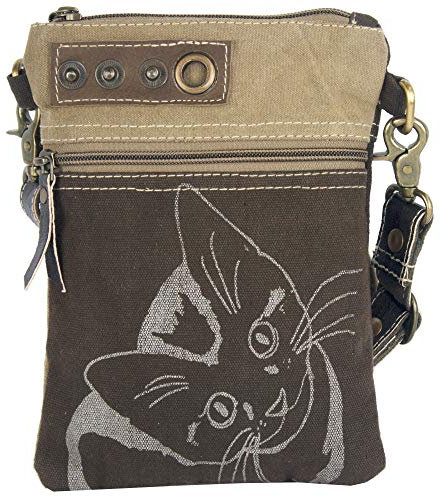 Sunsa Damen kleine Tasche mit Katzenmotiv. Vintage Stil Umhängetasche aus Canvas & Leder. Nachhaltige Produkte. Schultertasche für Katzenliebhaber. Crossover bag als Geschenkideen für Frauen