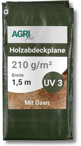 AGRI plus Holzabdeckplane 1,5 x 6 m - mit Ösen & 30 Planenspanner I 210 g/m² PE-Gewebeplane mit ringsum Randverstärkung I Holzplane für langfristige Abdeckungen I Wetterfest & 3 Jahre UV-beständig