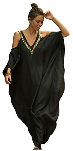 Vestito Spalle Scoperte Donna Abito Lungo Scollo a V Tunica Taglie Forti Boho Hippie Chic Caftano Lungo Kaftano Indiano Vestiti da Spiaggia Lunghi Manica Corta Copricostume Pareo Mare ZSCPDN0241BK
