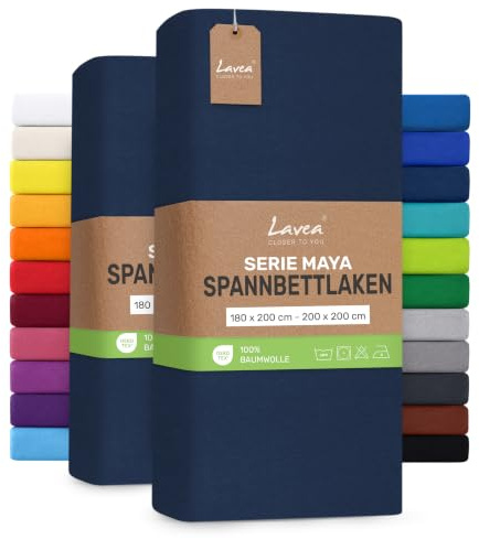 Lavea® 2er Pack Jersey Spannbettlaken 180/200x200cm – Galaxyblau | 100% Baumwolle – Weiches Bettlaken für Matratzen bis 20 cm Höhe – Formstabil und Langlebig