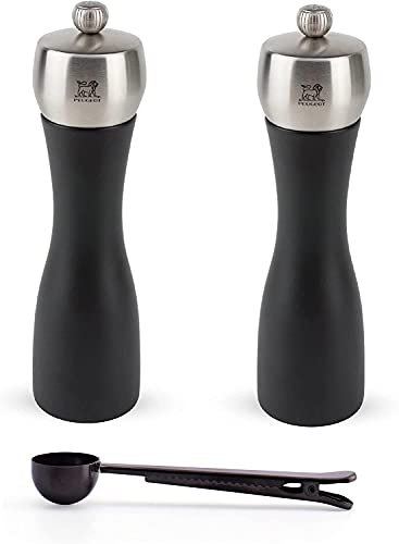 Peugeot Fidji 8.25 Inch Salt & Pepper Mill Gift Set, Black Matte - With Stainless Steel Spice Scoop & Clip